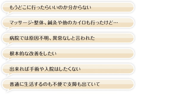 「もうどこに行ったらいいのか分からない」「マッサージ・整体、鍼灸や他のカイロも行ったけど…」「病院では原因不明、異常なしと言われた」「根本的な改善をしたい」「出来れば手術や入院はしたくない」「普通に生活するのも不便で支障も出ていて」